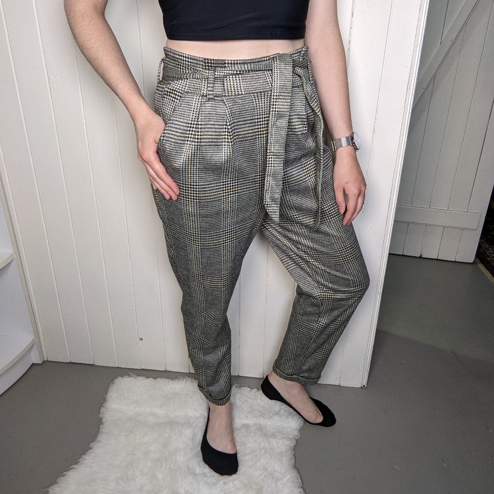 B&W Houndstooth Paper Bag Belted Trousers